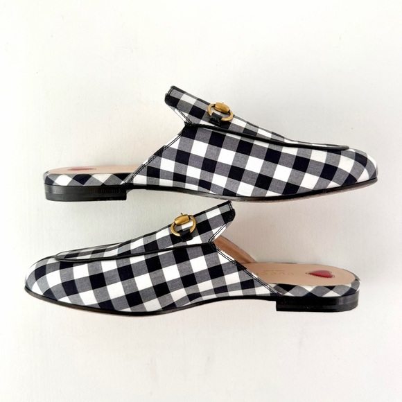 GUCCI | Black & White Gingham Check Princetown Horsebit Mules Loafers Flats 38.5 - Picture 12 of 13